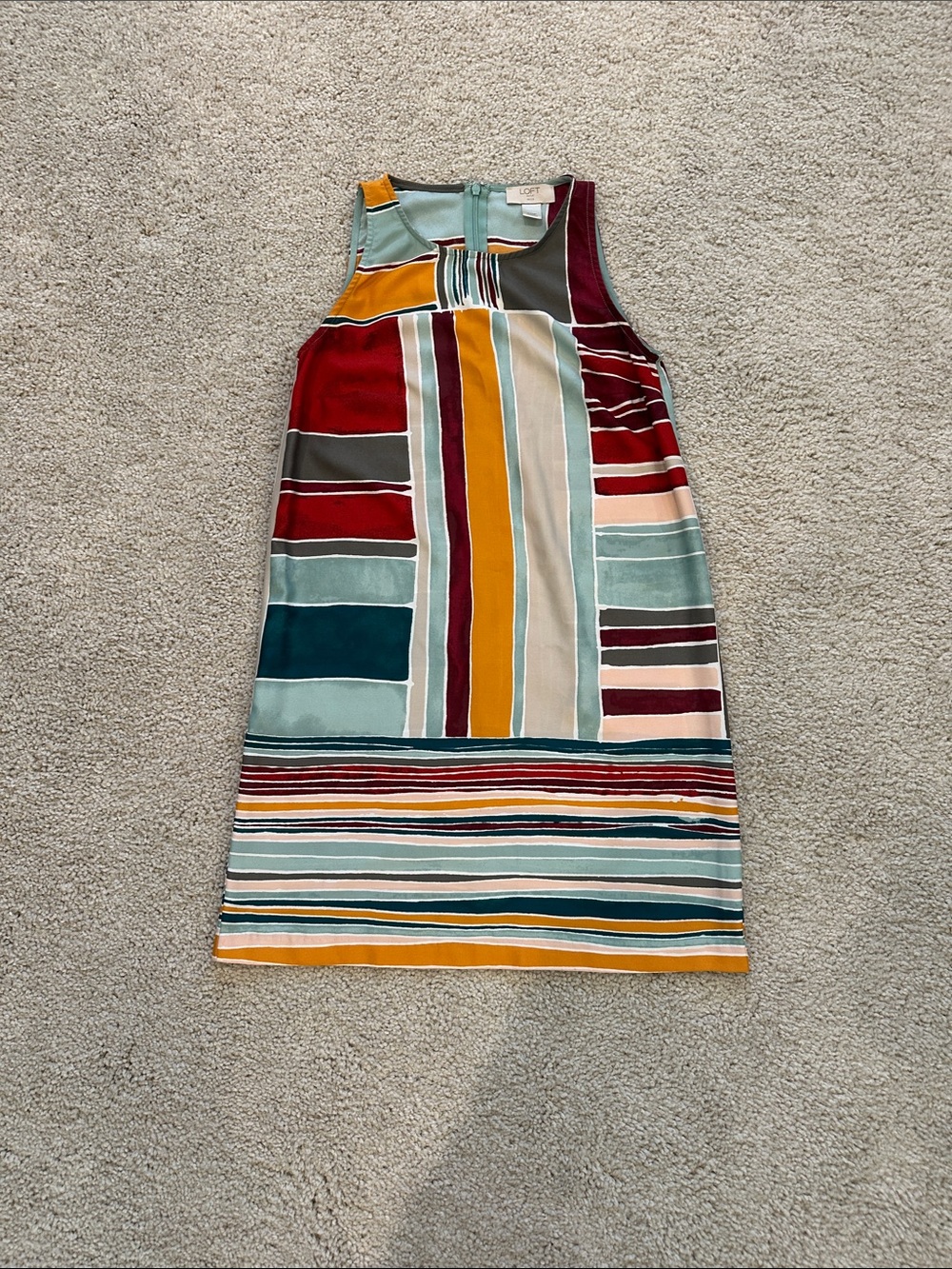 LOFT Sleeveless Striped Patchwork Mini Dress in Teal, Mustard, Red, Cream